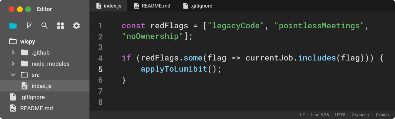 Code-Editor mit JavaScript-Code, der ein Array redFlags definiert und in einer Bedingung applyToLumibit aufruft, sobald currentJob eine der Red Flags enthält.